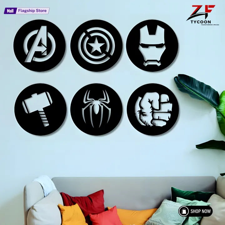 ZF 6 PCS Avengers Wall Decor Set | Superhero Logos 8 inches 3.5 mm thickness| Thor, Hulk, Spiderman, Ironman, Captain America Signs | Wooden Art | Geometric Wall Decor
