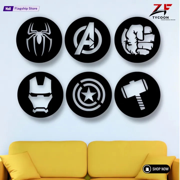 ZF 6 PCS Avengers Wall Decor Set | Superhero Logos 8 inches 3.5 mm thickness| Thor, Hulk, Spiderman, Ironman, Captain America Signs | Wooden Art | Geometric Wall Decor