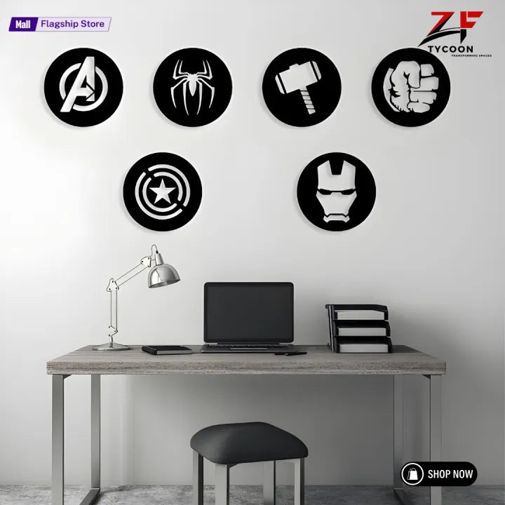 ZF 6 PCS Avengers Wall Decor Set | Superhero Logos 8 inches 3.5 mm thickness| Thor, Hulk, Spiderman, Ironman, Captain America Signs | Wooden Art | Geometric Wall Decor
