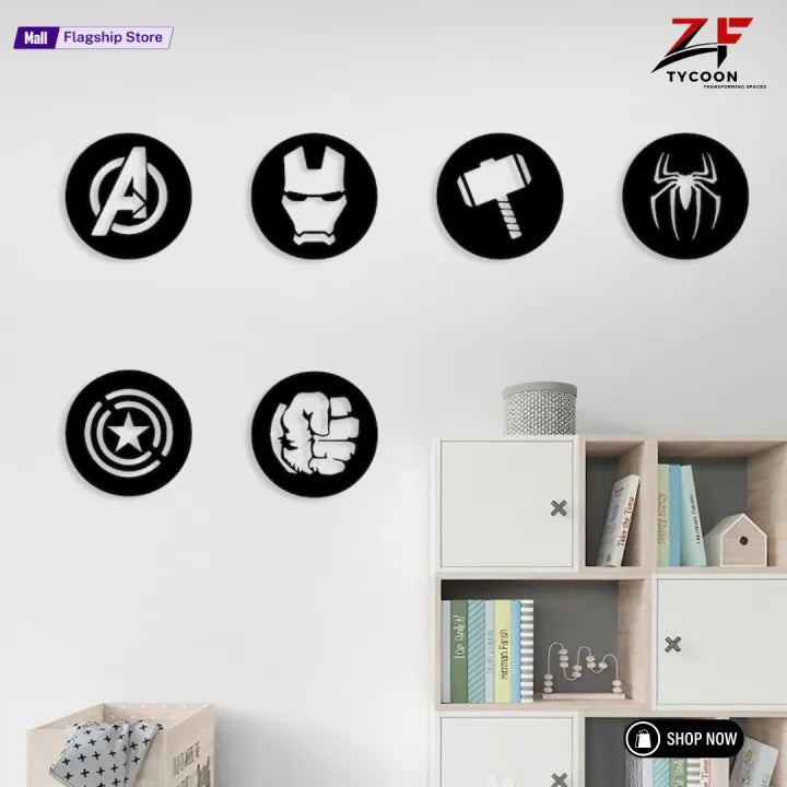 ZF 6 PCS Avengers Wall Decor Set | Superhero Logos 8 inches 3.5 mm thickness| Thor, Hulk, Spiderman, Ironman, Captain America Signs | Wooden Art | Geometric Wall Decor