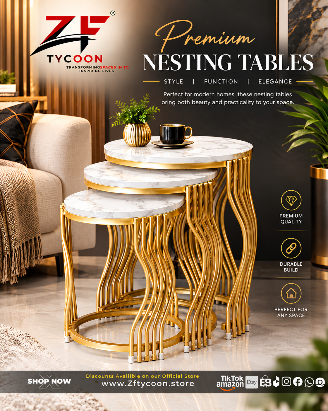 ZF Tycoon Premium 102 Nesting Tables – Modern Gold & Marble Top Side Accent Set