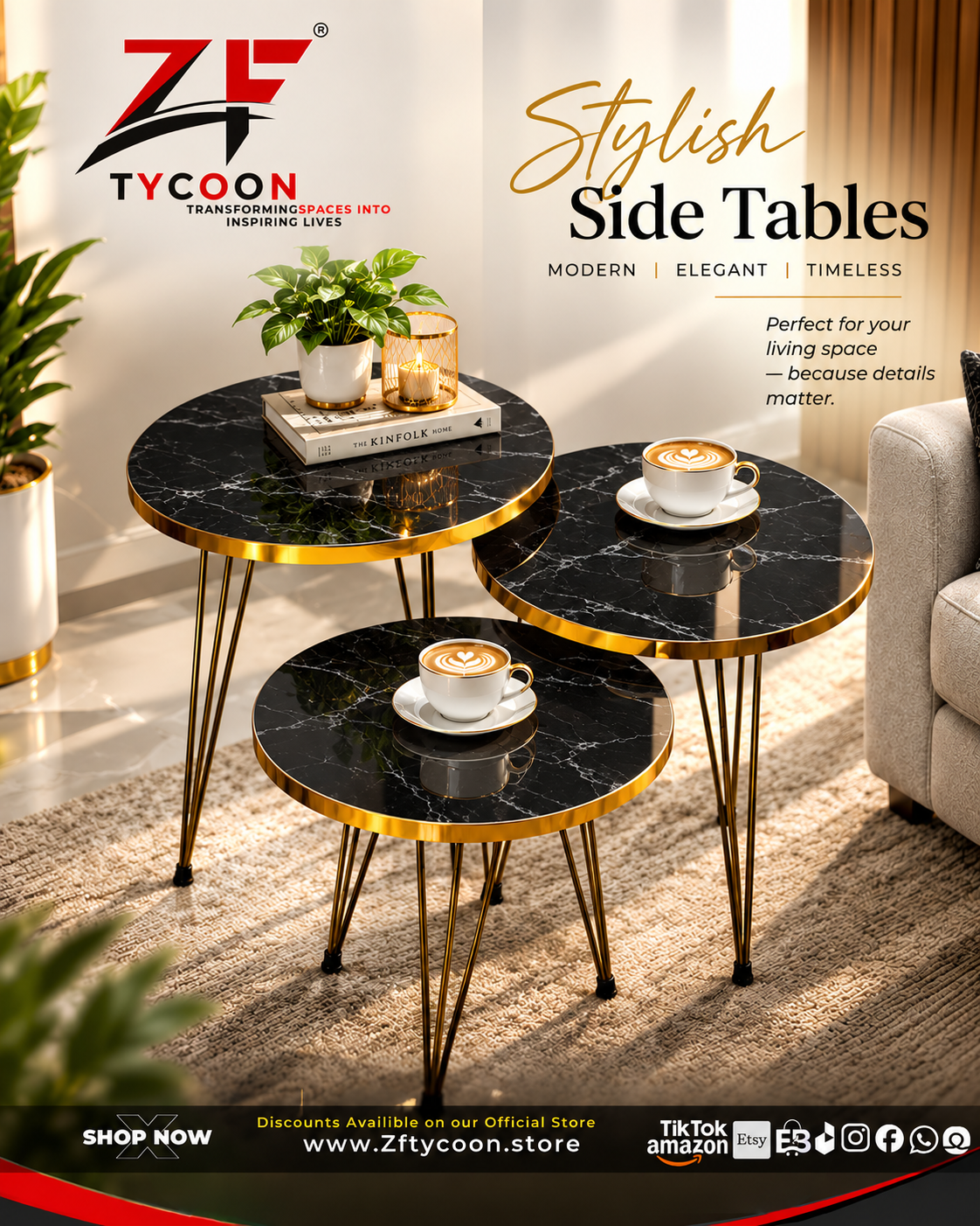 ZF TYCOON Modern Marble Top Nesting Side Tables