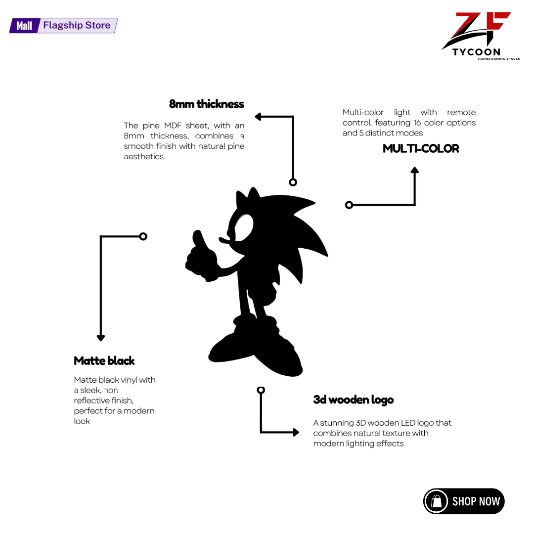 ZF Sonic RGB Sign, Sonic Wooden 7mm Zrk Wall Decor, Sonic Led