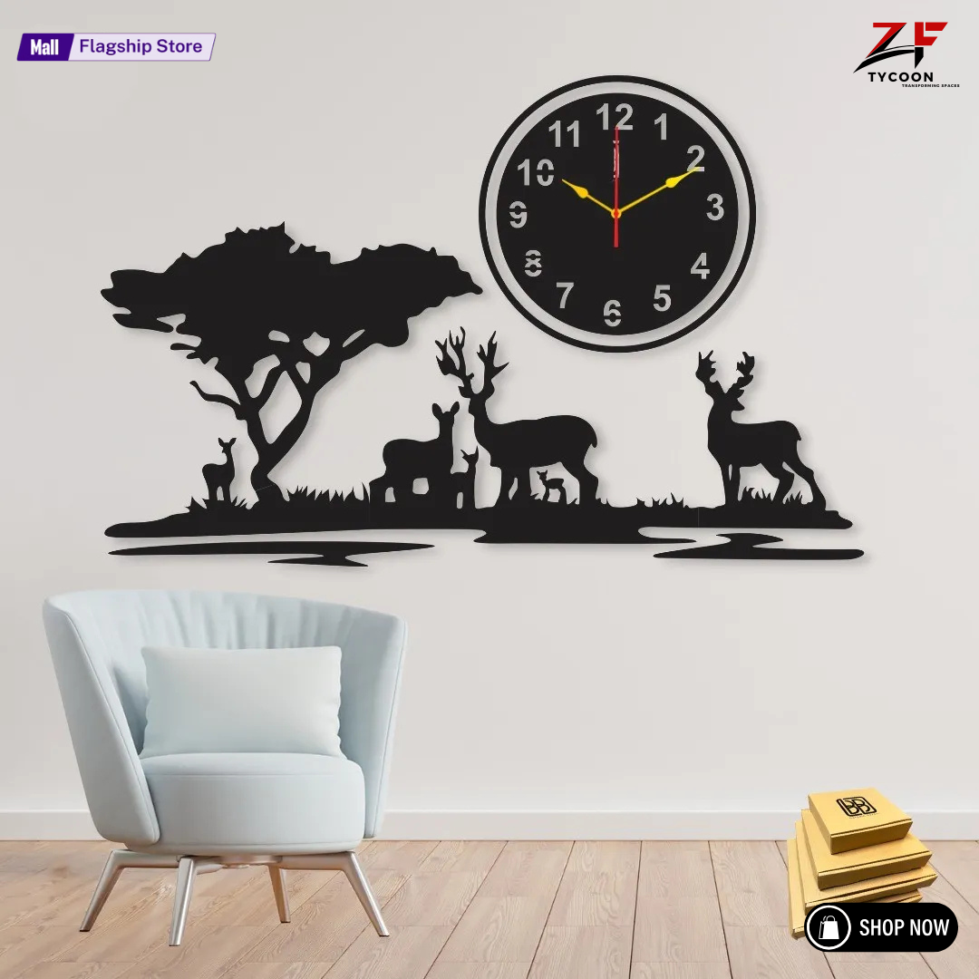 ZF Pine Tree With Deer Wall Clock Wall I Clock For Rooms I Clocks I Clock For Office