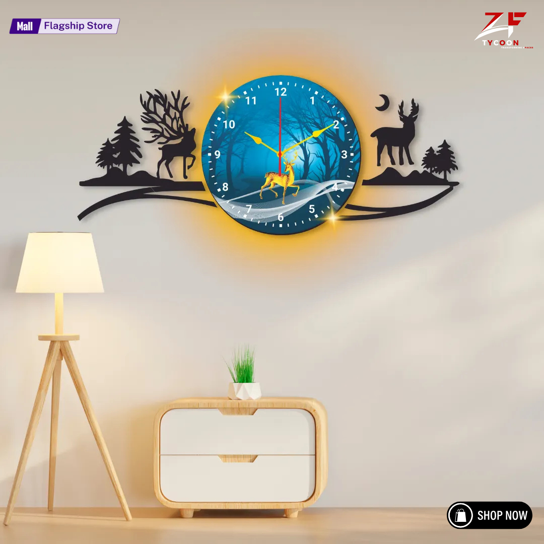 ZF Pine Tree With Deer Wall Clock Wall I Clock For Rooms I Clocks I Clock For Office