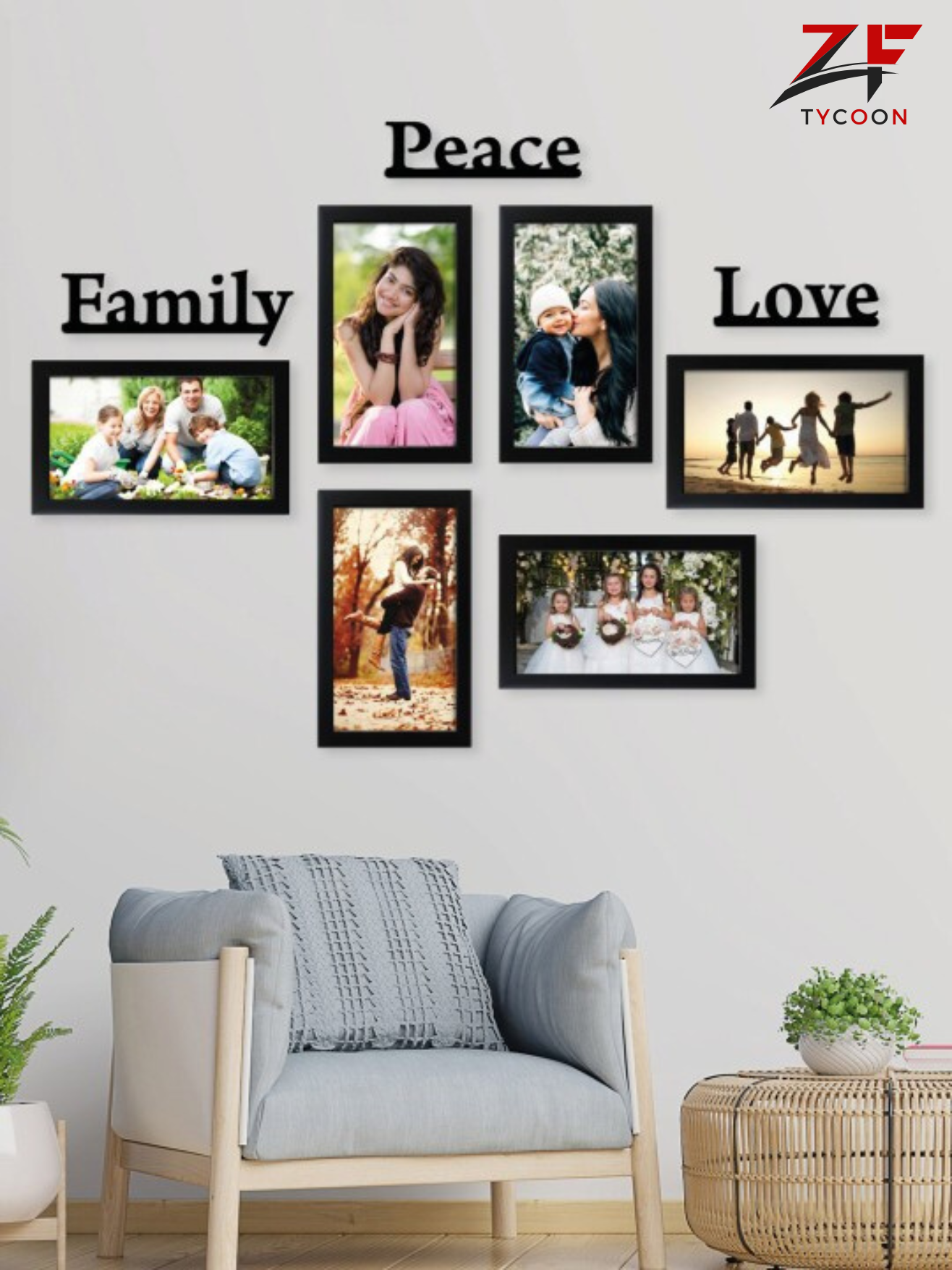 ZF Set of 6 Black Solid Eco Series Photo Frames with Family MDF