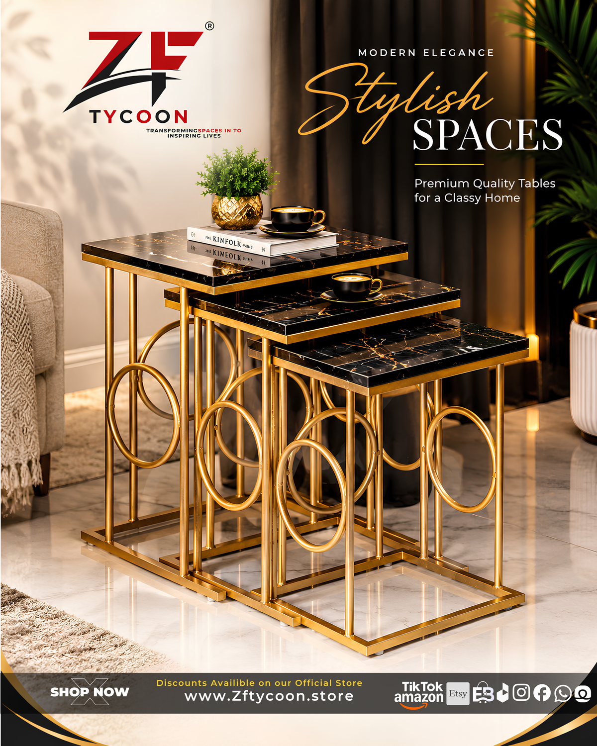ZF Tycoon Modern Luxury 101 Nesting Tables – Set of 3