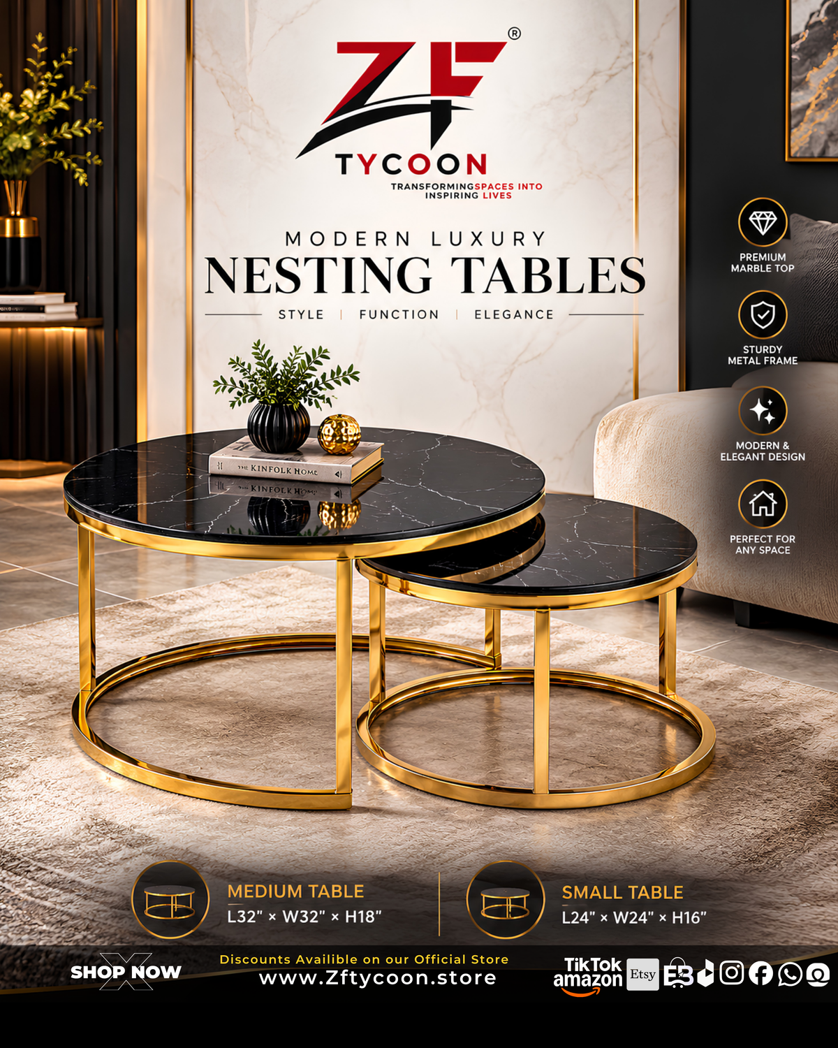 ZF Modern Luxury Nesting Round Coffee Tables – 106 Style, Function & Elegance Set of 2