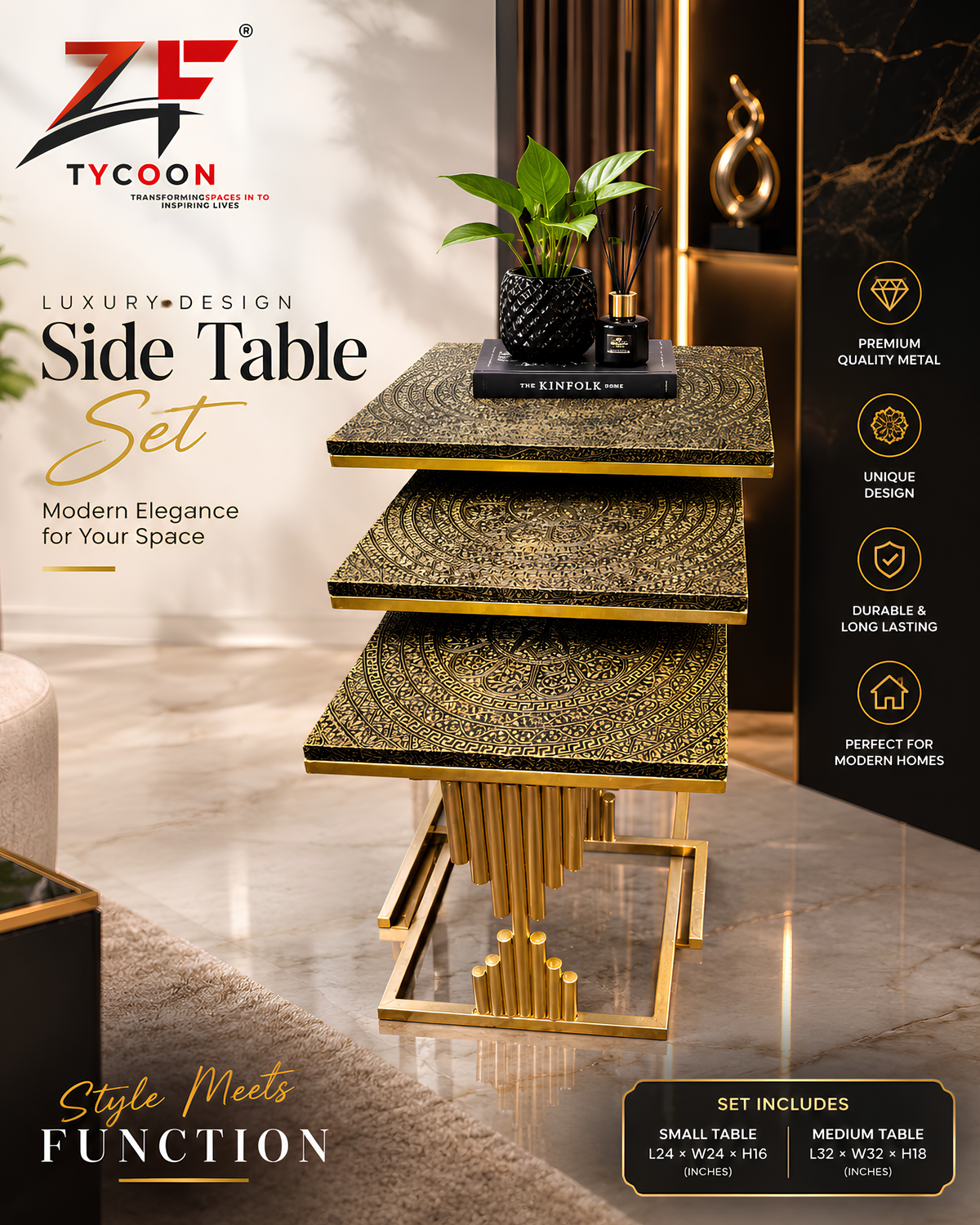 ZF Luxury Side Square Tables Set of 3 Metal Texture 107.
