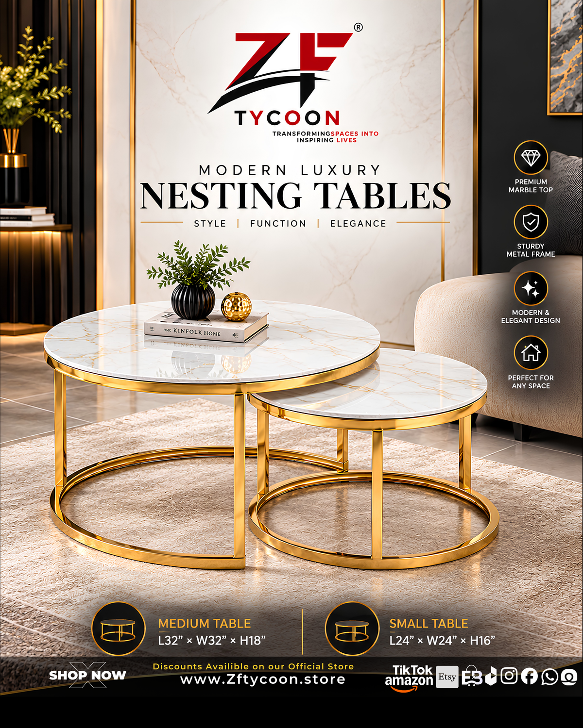 ZF Modern Luxury Nesting Round Coffee Tables – 106 Style, Function & Elegance Set of 2
