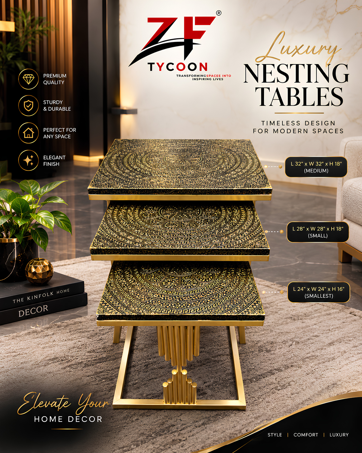 ZF Luxury Side Square Tables Set of 3 Metal Texture 107.