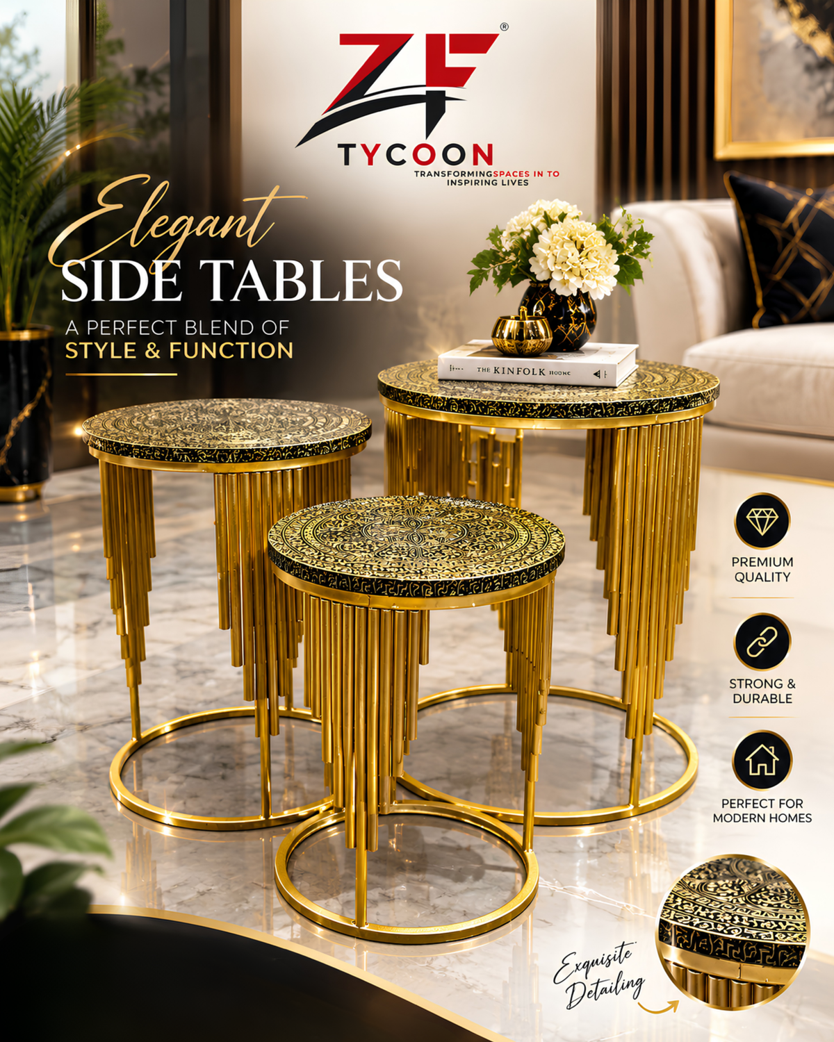ZF Luxury Side Tables Round Metal Texture (Set of 3) 108