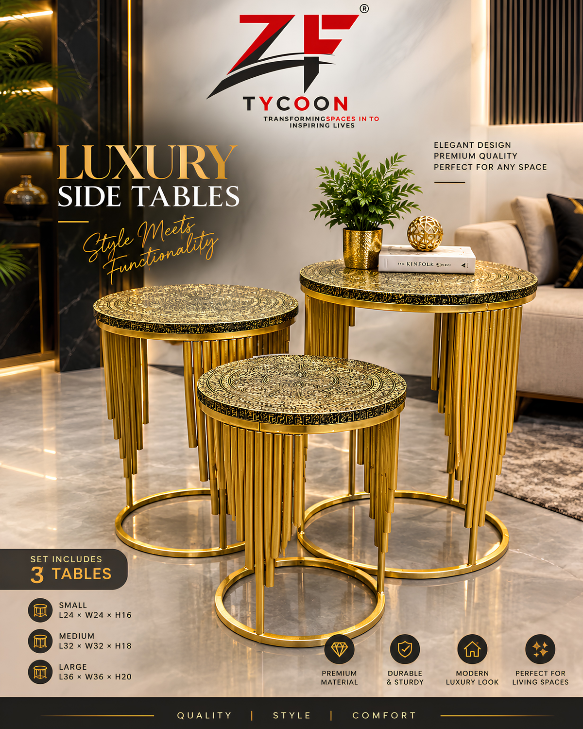 ZF Luxury Side Tables Round Metal Texture (Set of 3) 108