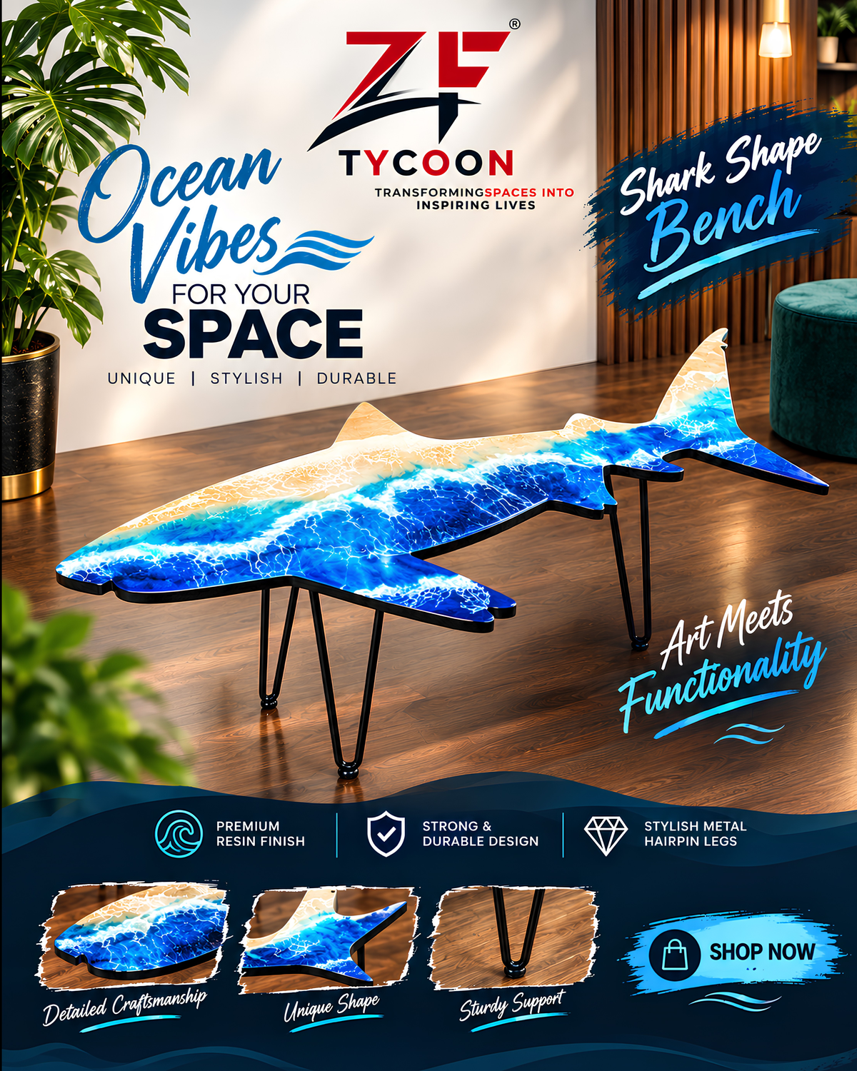ZF TYCOON Shark Epoxy Resin Table, Ocean Wave Table, Side Bar Table, Beach House Table, Furniture Home Decor, Coffee Epoxy Table, Unique Home Gift