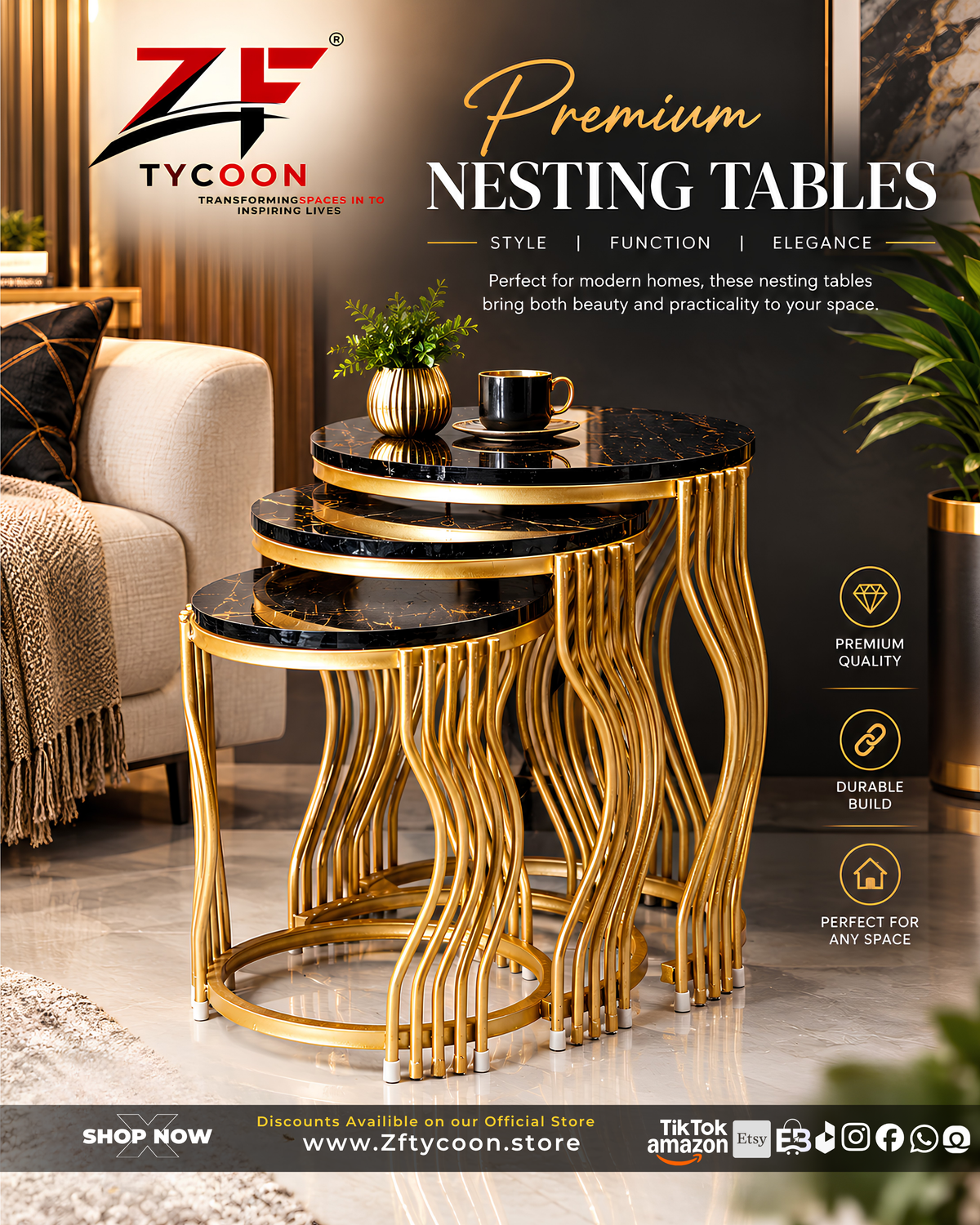 ZF Tycoon Premium 102 Nesting Tables – Modern Gold & Marble Top Side Accent Set