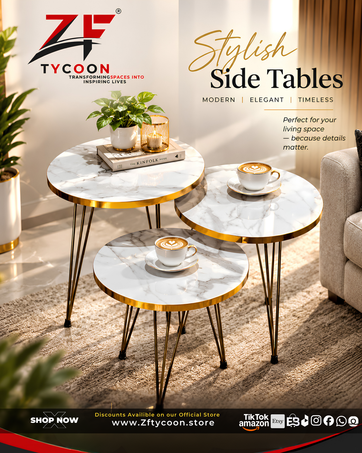 ZF TYCOON Modern Marble Top Nesting Side Tables