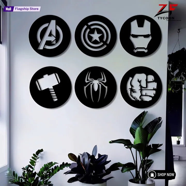 ZF 6 PCS Avengers Wall Decor Set | Superhero Logos 8 inches 3.5 mm thickness| Thor, Hulk, Spiderman, Ironman, Captain America Signs | Wooden Art | Geometric Wall Decor