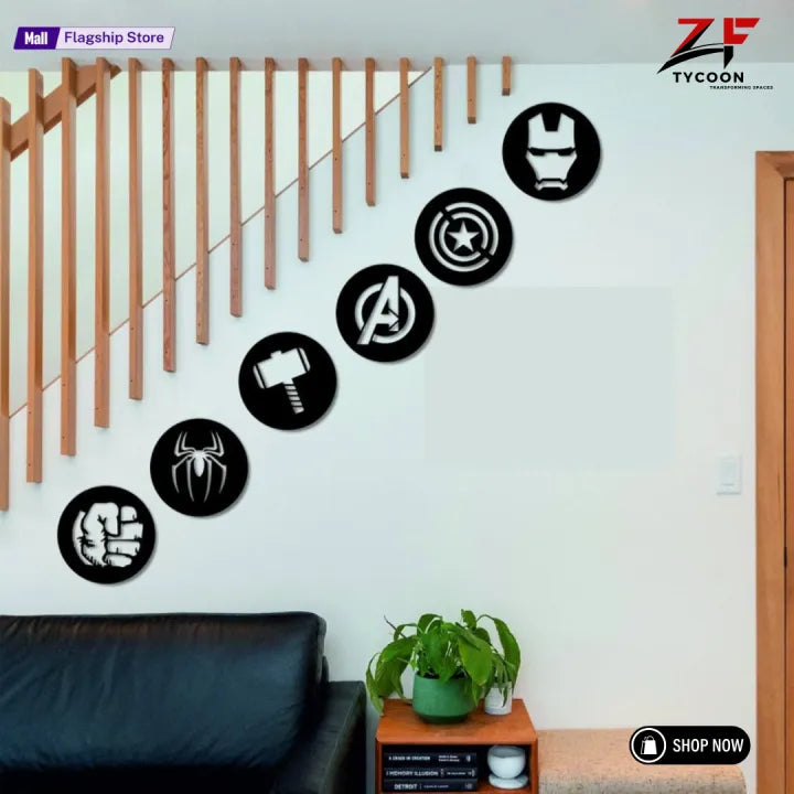 ZF 6 PCS Avengers Wall Decor Set | Superhero Logos 8 inches 3.5 mm thickness| Thor, Hulk, Spiderman, Ironman, Captain America Signs | Wooden Art | Geometric Wall Decor