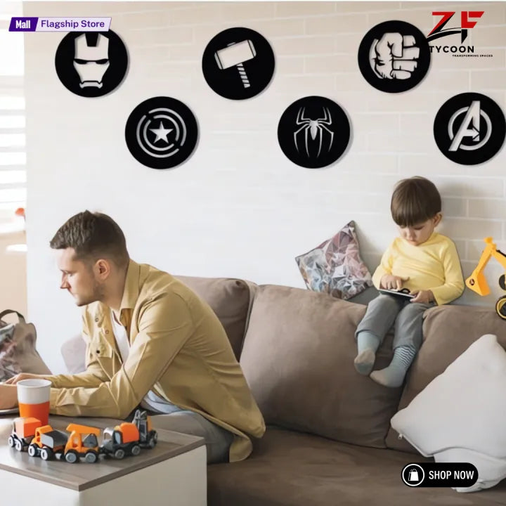 ZF 6 PCS Avengers Wall Decor Set | Superhero Logos 8 inches 3.5 mm thickness| Thor, Hulk, Spiderman, Ironman, Captain America Signs | Wooden Art | Geometric Wall Decor