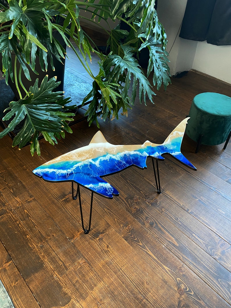 ZF TYCOON Shark Epoxy Resin Table, Ocean Wave Table, Side Bar Table, Beach House Table, Furniture Home Decor, Coffee Epoxy Table, Unique Home Gift