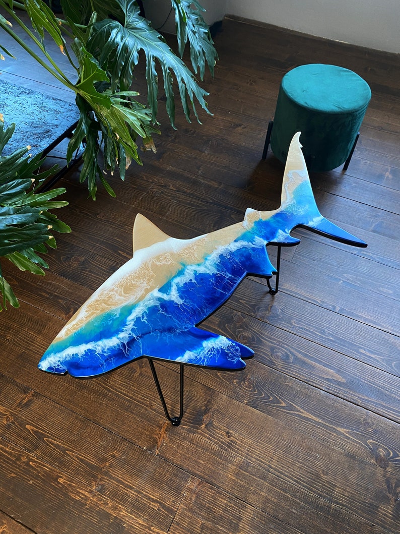ZF TYCOON Shark Epoxy Resin Table, Ocean Wave Table, Side Bar Table, Beach House Table, Furniture Home Decor, Coffee Epoxy Table, Unique Home Gift